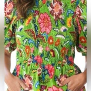 CROSBY By Mollie Burch Green Floral Smocked Puff-Sleeve Top